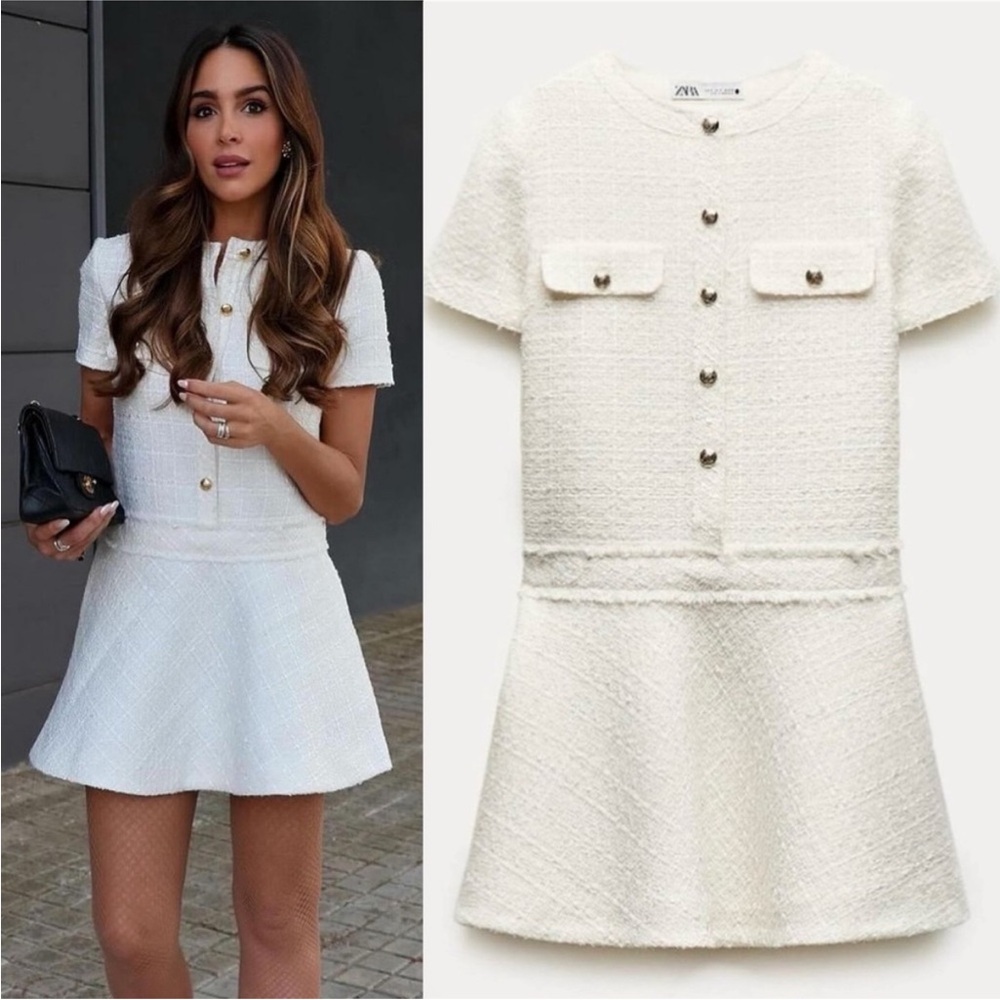 ZARA TEXTURED TWEED MINI DRESS ECRU